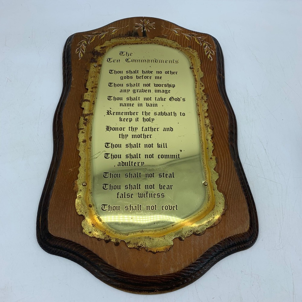 Vintage Ten Commandments Wood Wall Plaque Gold Metal Religious Decor Bible Art